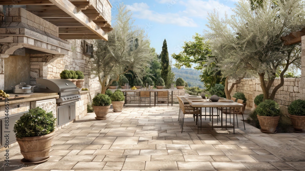 Mediterranean-style stone patio with a built-in grill and a large dining table, surrounded by potted olive trees Mediterranean-style stone patio with a built-in grill and a large dining table, surrounded by potted olive trees