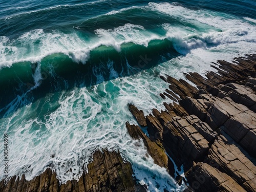 Bird's-eye view of waves crashing on a breathtaking rocky shoreline, Icelan photo