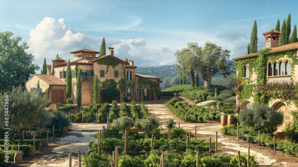 Fototapeta premium Mediterranean estate with a private vineyard and olive grove, showcasing traditional architecture and tranquil scenery