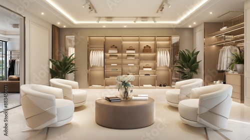 Luxurious walk-in closet with elegant seating area, well-organized shelves, modern lighting, and minimalistic yet sophisticated decor.