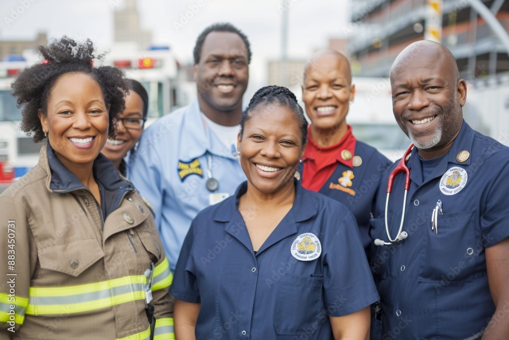 Group of diverse professionals, including healthcare workers and engineers, with city background. This image can be used to illustrate unity, diversity, and the importance of different professions Group of diverse professionals, including healthcare workers and engineers, with city background. This image can be used to illustrate unity, diversity, and the importance of different professions