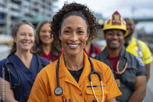 Portrait of African American woman in medical uniform with colleagues from various professions in the background. Suitable for articles and materials on diversity, inclusion, and workplace collaborati photo