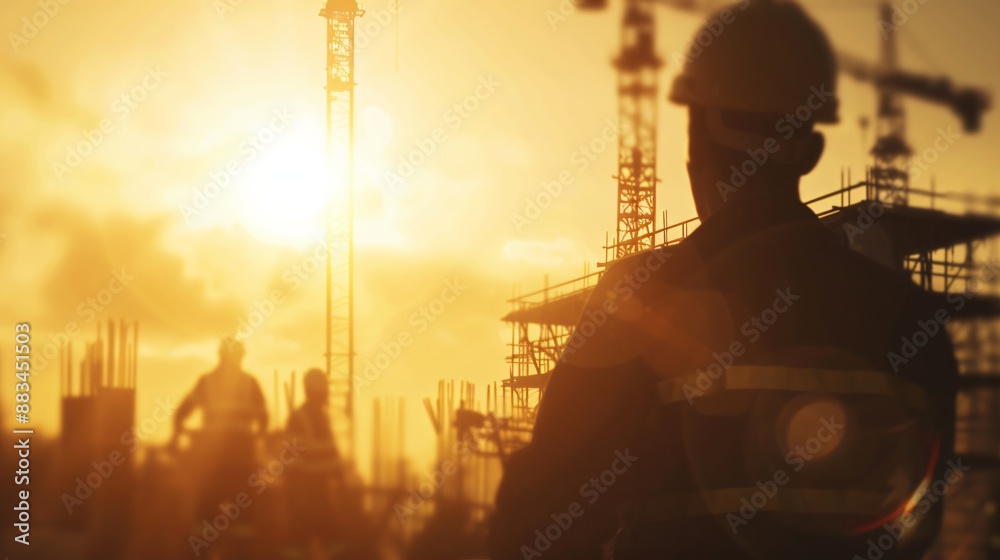 Construction workers at a building site during sunrise on Labor Day. This image captures the dedication and hard work of laborers on a significant day Construction workers at a building site during sunrise on Labor Day. This image captures the dedication and hard work of laborers on a significant day