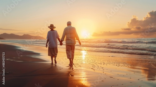 Older couple holding hands walking on the beach at sunset