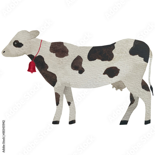 Hand drawn watercolor cow on white background. farm watercolor illustration, cow with a red bell