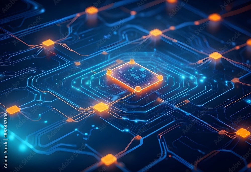 Fototapeta premium A futuristic circuit board with glowing orange nodes and interconnected lines, creating a complex and abstract technological landscape against a dark blue background