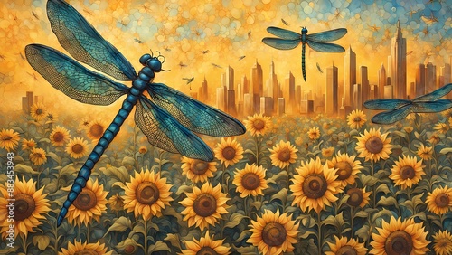 background design of dragonflies on sunflowers