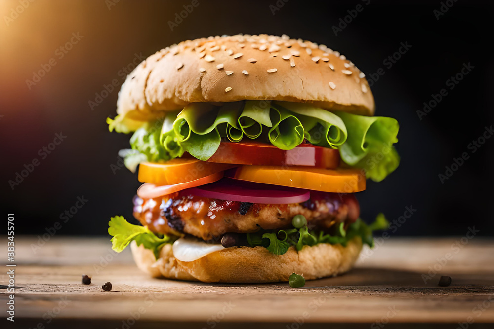 Double cheeseburger with lettuce, tomato and melted cheese on wooden board. Long wide banner. Generative Ai Double cheeseburger with lettuce, tomato and melted cheese on wooden board. Long wide banner. Generative Ai