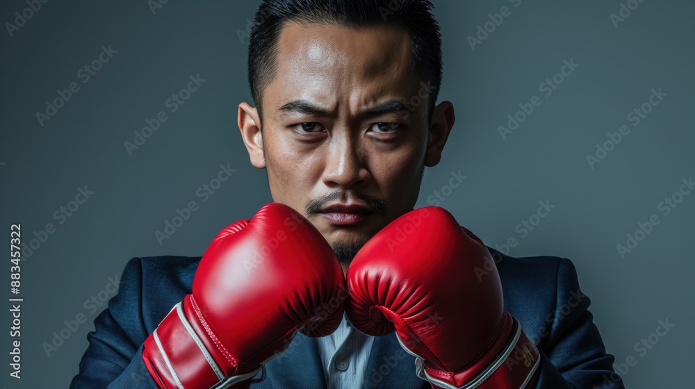 Close-up of a determined man in a suit wearing red boxing gloves, ready for a fight. The image conveys strength, preparation, and focus. Close-up of a determined man in a suit wearing red boxing gloves, ready for a fight. The image conveys strength, preparation, and focus.
