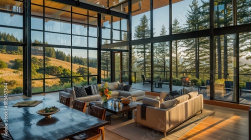 Modern ranch with floor-to-ceiling windows that provide panoramic views of the surrounding hills and forests © Abdul