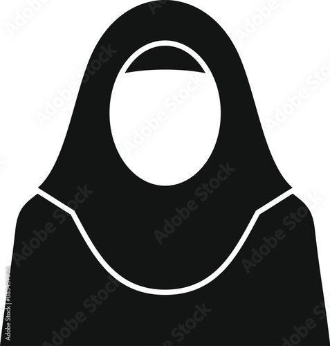 Simple black and white icon of a muslim woman wearing a traditional hijab, representing modesty and faith