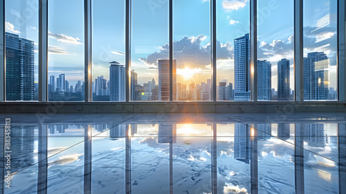 Background image of clear daylight view of modern skyline through large windows. Window view of cityscape wit blue sky background. Sunny day photography. Travel and urban architecture concept. AIGT2.