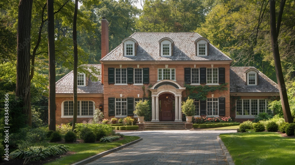 Elegant brick house with a well-maintained garden, surrounded by greenery and trees, featuring a prominent entrance with pillars and a paved driveway.
