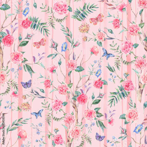 Watercolor rococo rose floral seamless pattern