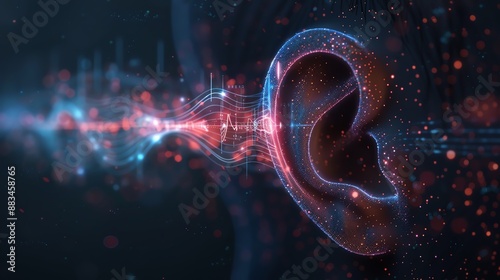 Futuristic digital representation of an ear with sound waves, showcasing advanced auditory technology and virtual sound transmission.