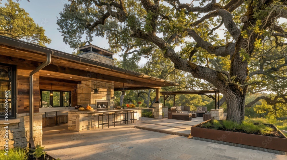 Ranch house with a large, covered outdoor kitchen that includes all modern conveniences, set against a backdrop of mature trees Ranch house with a large, covered outdoor kitchen that includes all modern conveniences, set against a backdrop of mature trees