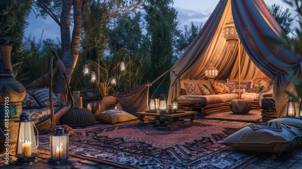 Ranch house with a Moroccan-themed outdoor lounge, including a tent, lanterns, and comfortable cushions Ranch house with a Moroccan-themed outdoor lounge, including a tent, lanterns, and comfortable cushions