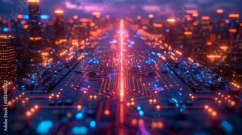 Futuristic city with neon circuit - generative ai