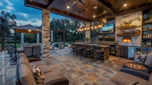 Suburban ranch with a custom outdoor kitchen and bar area, complete with a pizza oven and cocktail station photo