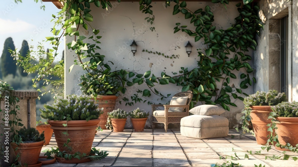 The peaceful ambiance of a Mediterranean villa's outdoor lounge, adorned with terracotta pots and climbing ivy The peaceful ambiance of a Mediterranean villa's outdoor lounge, adorned with terracotta pots and climbing ivy