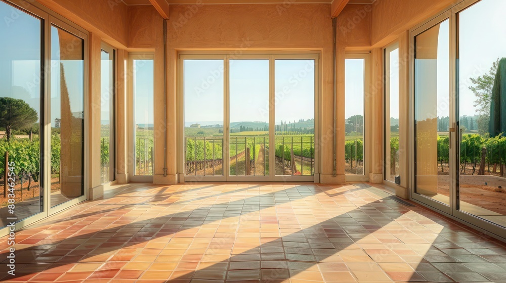 The sunroom of a Mediterranean villa, with floor-to-ceiling windows and terracotta floors, offering a panoramic view of the surrounding vineyards The sunroom of a Mediterranean villa, with floor-to-ceiling windows and terracotta floors, offering a panoramic view of the surrounding vineyards