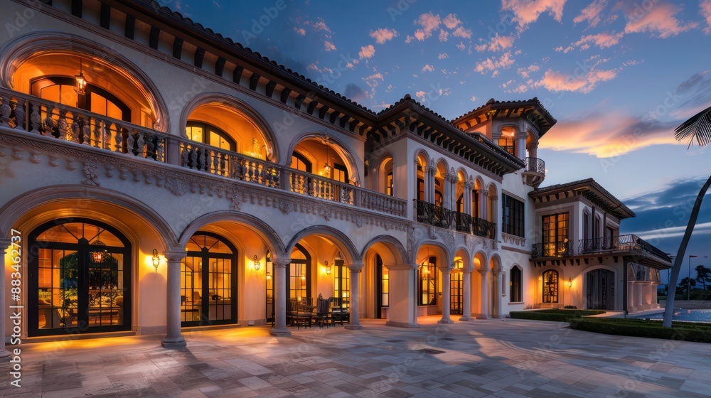 Fototapeta premium Twilight illuminates a Mediterranean villa, showcasing its intricate arches and balconies over an expansive patio area