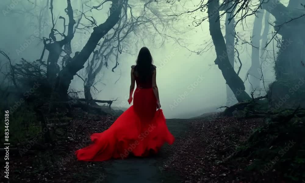 woman in red dress walking