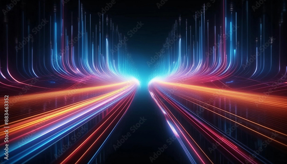 Optical data concept depicted by abstract glowing lines on a dark background. The high speed, vast capacity data transmission enabled by optical fiber technology in today's digital age. Generative Ai Optical data concept depicted by abstract glowing lines on a dark background. The high speed, vast capacity data transmission enabled by optical fiber technology in today's digital age. Generative Ai