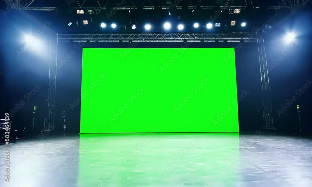 A large, empty stage with a blank screen displaying a chroma key green screen backdrop (mov)
