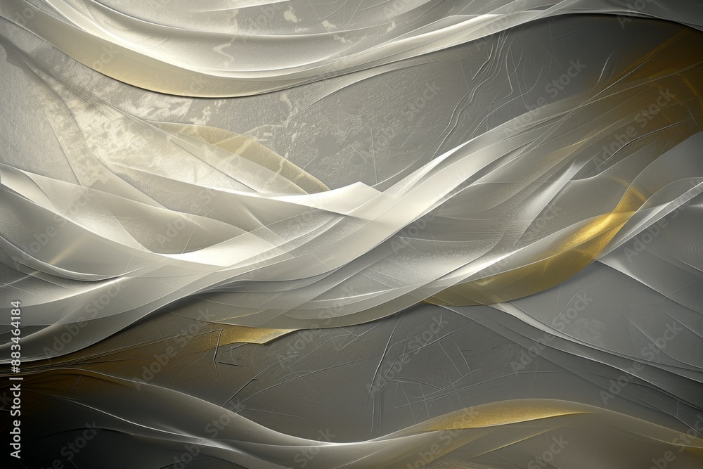 Obraz premium Abstract composition of swaths of sheer white and gold fabric over a textured gray surface