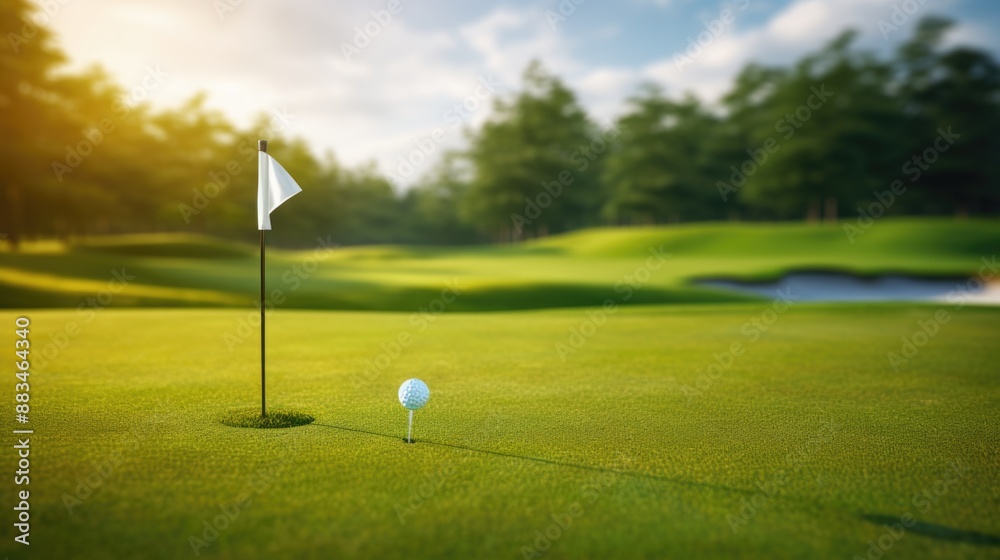 Obraz premium Golf Club and Ball on Green Fairway with Flag in Distance on Sunny Day