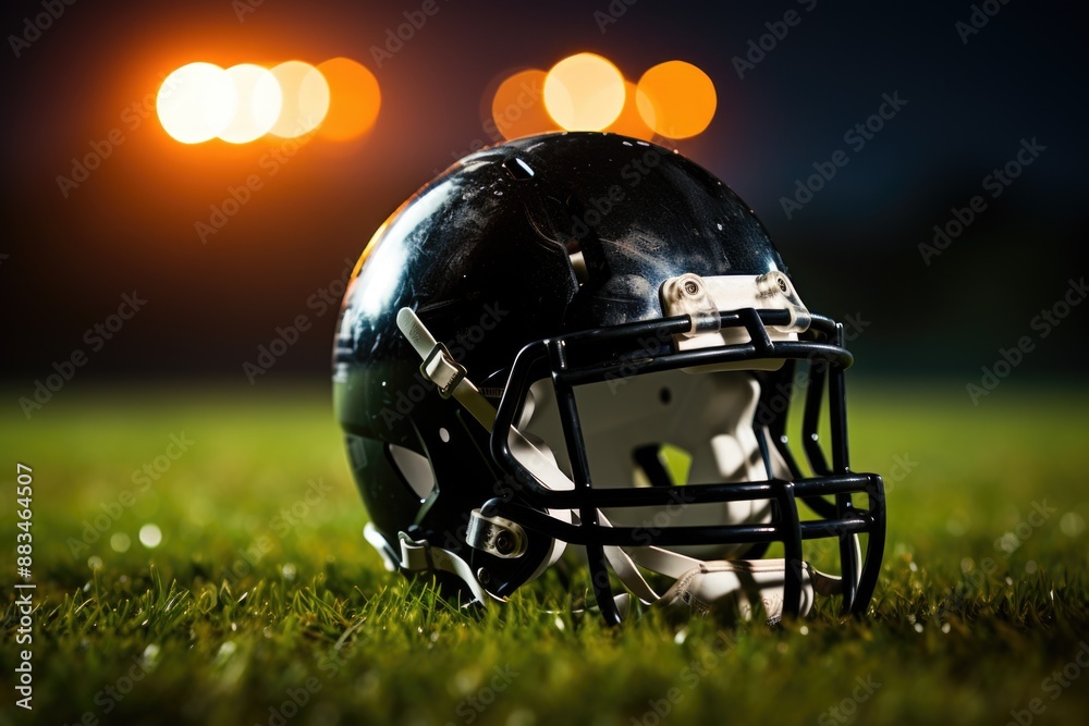Ready for Kickoff - Football Helmet and Ball on Grassy Field with Stadium Lights Background Ready for Kickoff - Football Helmet and Ball on Grassy Field with Stadium Lights Background