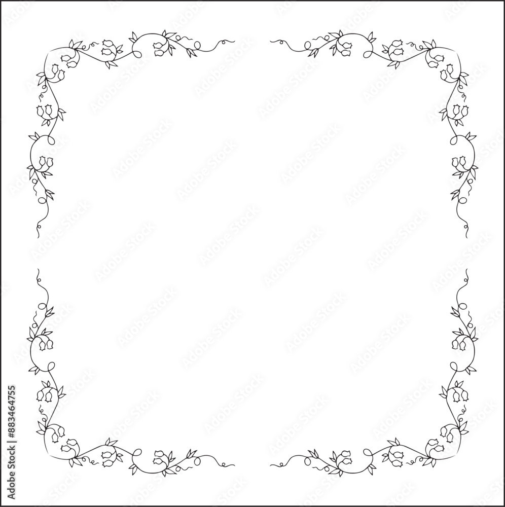 Black and white floral frame with bluebell flowers, bluebells decorative corners for greeting cards, banners, business cards, invitations, menus. Isolated vector illustration. Black and white floral frame with bluebell flowers, bluebells decorative corners for greeting cards, banners, business cards, invitations, menus. Isolated vector illustration.