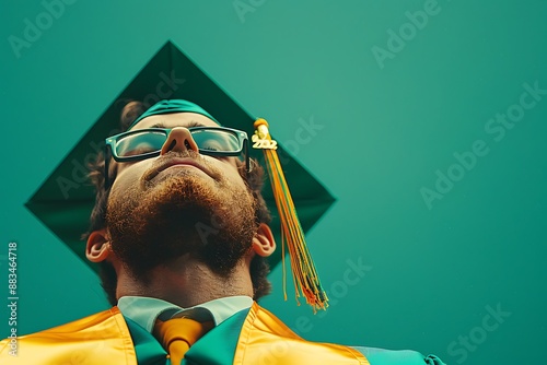 A valedictorian rehearsing their speech in a vintage style, captured from a low angle with a radial composition and a grain effect, illuminated by rim light, featuring warm colors.