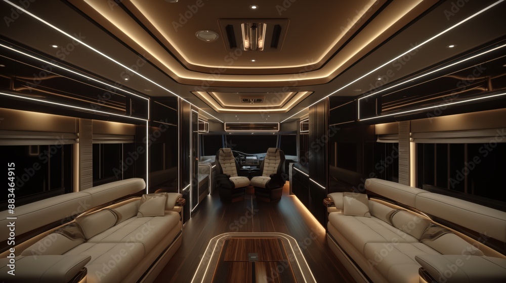 Luxurious interior of a modern motorhome with elegant ambient lighting, plush seating, and high-end finishing, creating a comfortable and stylish living space. Luxurious interior of a modern motorhome with elegant ambient lighting, plush seating, and high-end finishing, creating a comfortable and stylish living space.