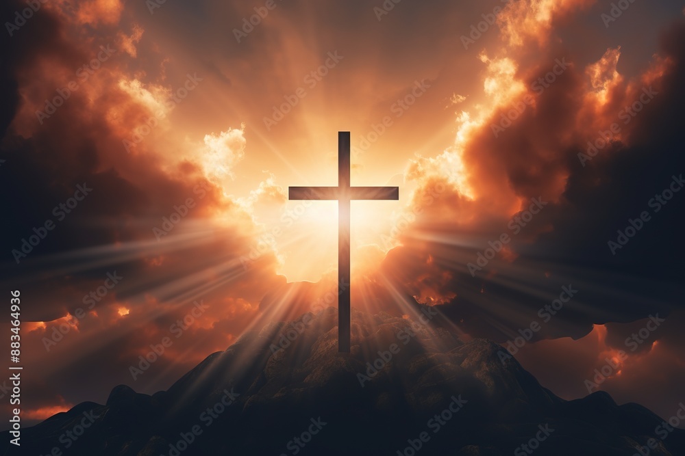 Fototapeta premium a shining cross on blue sky with clouds and lightbeam