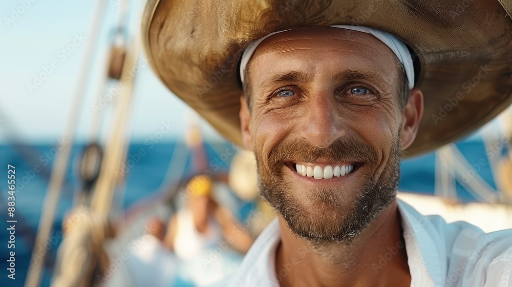 A sailor in a brown hat is smiling under a sunny sky while on a boat, capturing the essence of adventure, happiness, and a charming nautical lifestyle. A sailor in a brown hat is smiling under a sunny sky while on a boat, capturing the essence of adventure, happiness, and a charming nautical lifestyle.