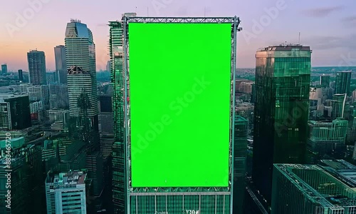 A giant chroma key green screen on a billboard on the building in the city (mov)