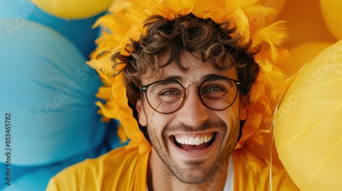 A joyful man, wearing a vibrant yellow feathered hat and glasses, is surrounded by colorful balloons, smiling widely and enjoying the festive atmosphere. photo