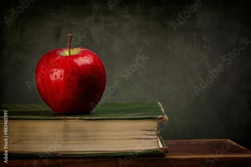 Big ripe red apple on a blue background - juicy summer fruit. Beautiful simple AI generated image in 4K, unique. photo