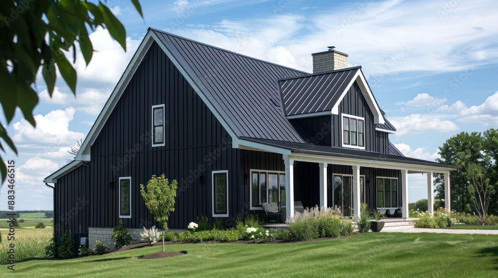 suburban farmhouse featuring a sleek black exterior with contrasting white trim, offering a modern twist