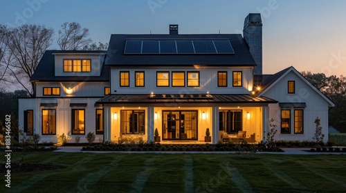 suburban farmhouse with an integrated home automation system, controlling lighting, climate, and security