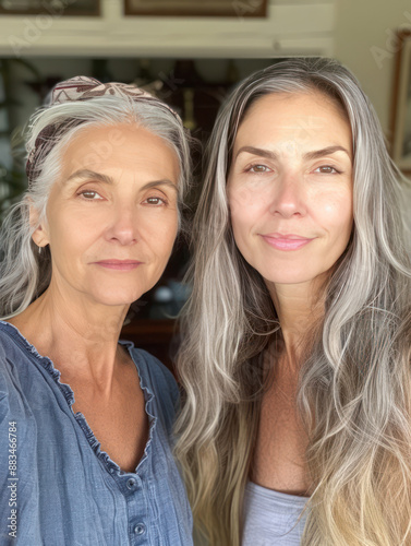 two older models middle age wearing long silver hairs , friends and buddy dress up , ready to go out 