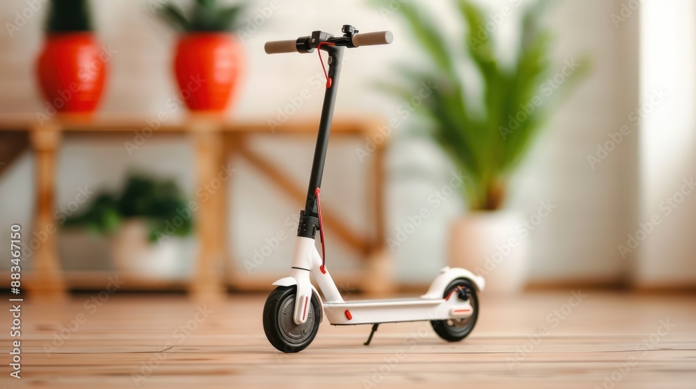 A sleek and modern electric scooter is placed in a minimalist indoor living space, emphasizing contemporary design and eco-friendly urban transportation solutions. A sleek and modern electric scooter is placed in a minimalist indoor living space, emphasizing contemporary design and eco-friendly urban transportation solutions.