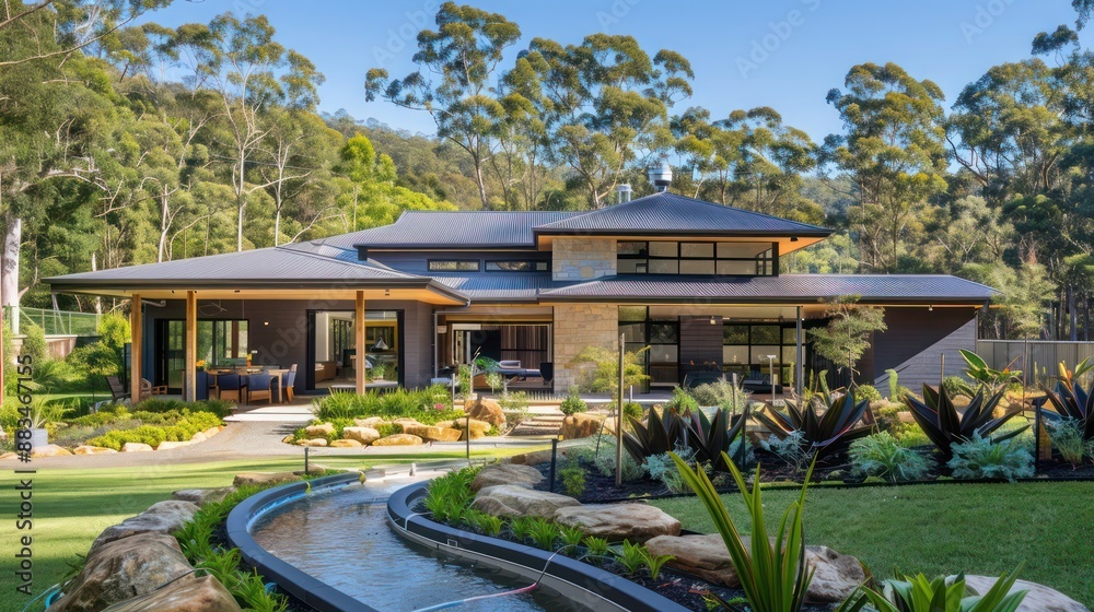 suburban farmhouse with an eco-friendly design, including a greywater system and native landscaping suburban farmhouse with an eco-friendly design, including a greywater system and native landscaping