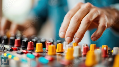 An image capturing the hands of a sound engineer adjusting knobs on a professional audio mixing board, signifying meticulous control, precision, and creativity in sound production. photo