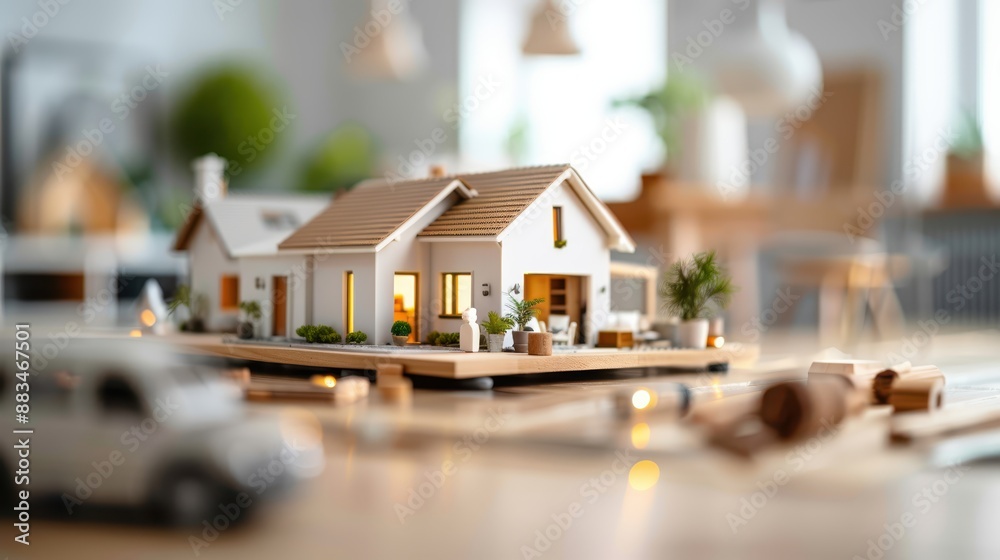 A detailed miniature house model is displayed on an architectural workspace table, surrounded by various tools and materials, symbolizing design and creativity in planning. A detailed miniature house model is displayed on an architectural workspace table, surrounded by various tools and materials, symbolizing design and creativity in planning.
