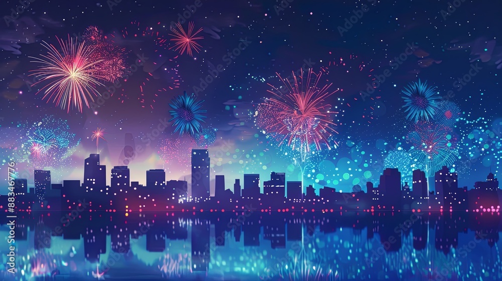 Nighttime City Skyline Fireworks Display
