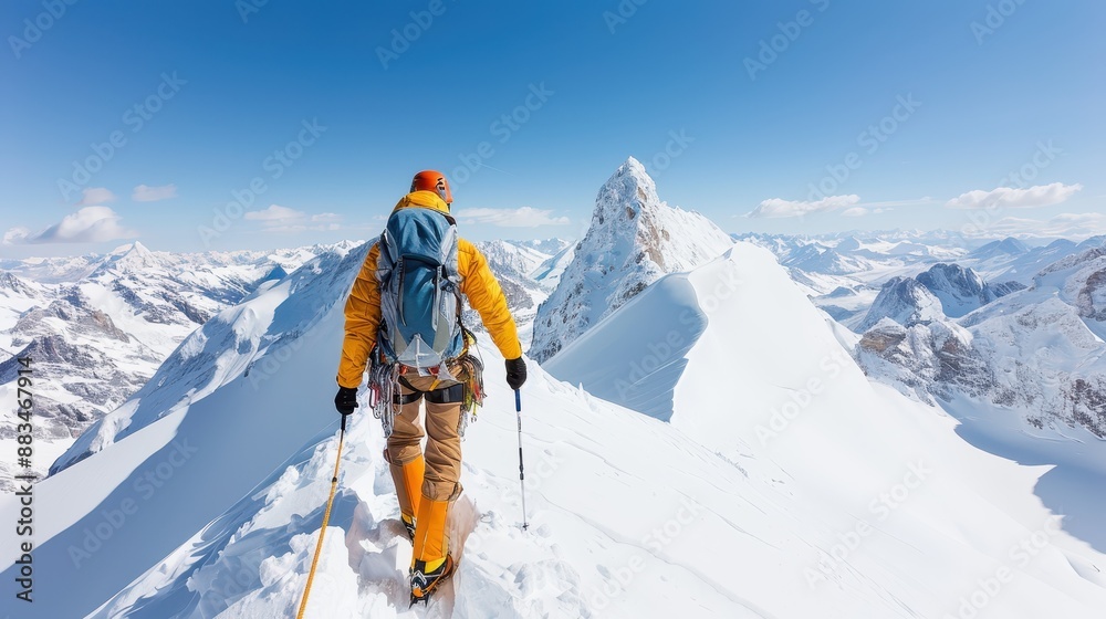 An alpine climber carefully makes their way along a snowy ridge with clear blue skies in the background, epitomizing the spirit of adventure and personal triumph. An alpine climber carefully makes their way along a snowy ridge with clear blue skies in the background, epitomizing the spirit of adventure and personal triumph.