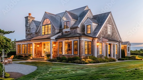 suburban farmhouse with a Cape Cod style, featuring shingle siding, dormer windows, and a cozy interior